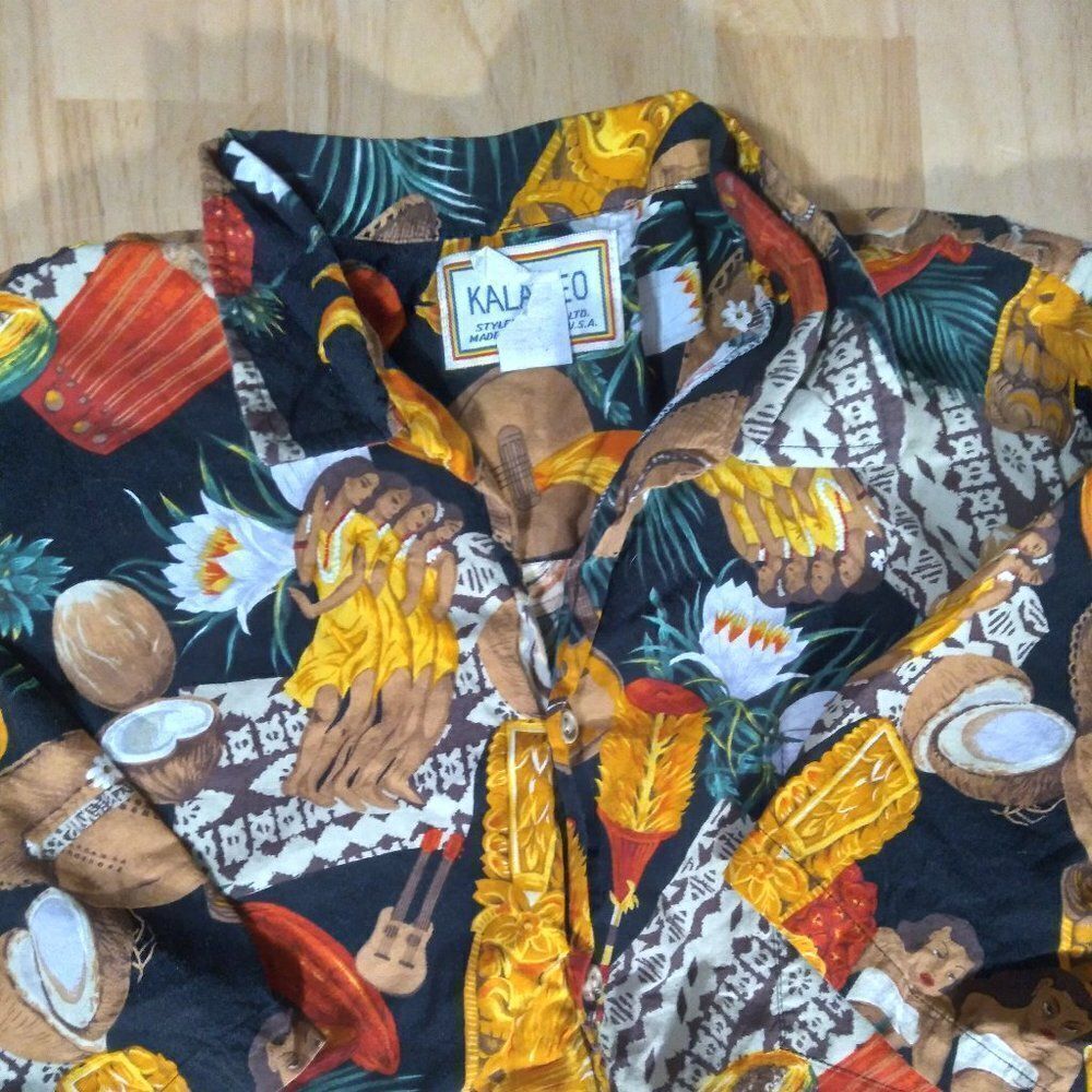 Vintage Kalaheo Hula Dancer Ukulele Coconuts Bananas Hawaiian Shirt